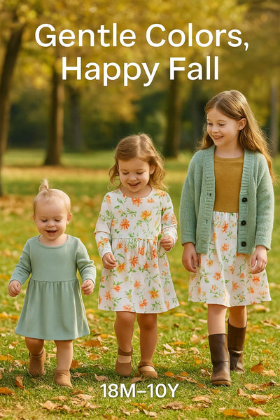 PATPAT Toddler Girl 2-Pack Long Sleeve A-line Dress Set Spring Festivals & Family Photos, Light Green Flower, 6-7 Years