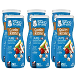 Multiple containers of Gerber Snacks for Baby Grain & Grow Puffs on a white background