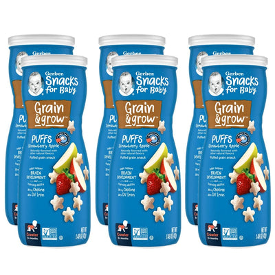 Multiple containers of Gerber Snacks for Baby Grain & Grow Puffs on a white background