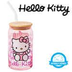 Silver Buffalo Sanrio Hello Kitty Waving Pink Glass Jar Tumbler with Bamboo Lid and Glass Straw, 16 Ounces