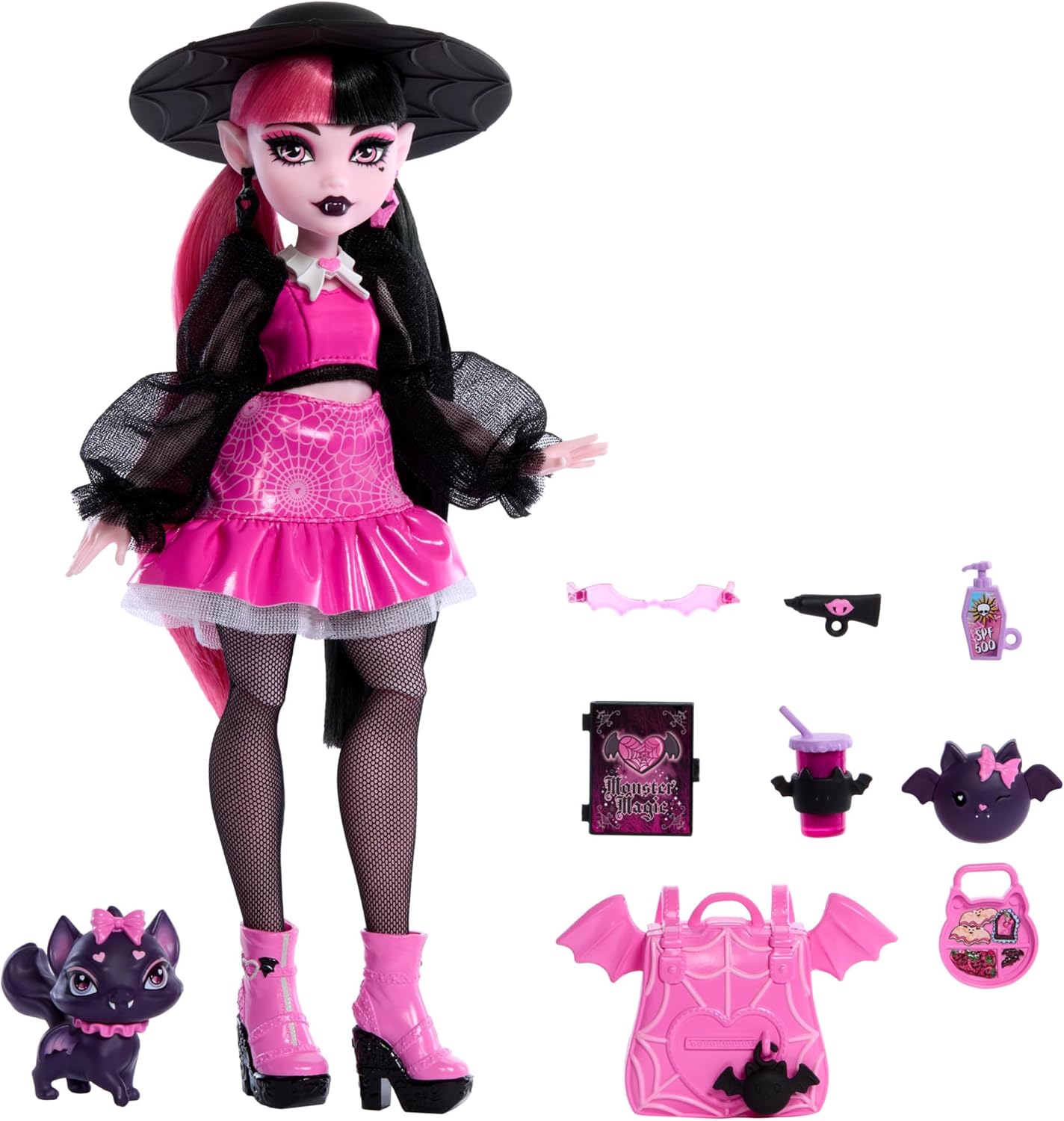 Monster High Draculaura Doll with Pet Bat-Cat Count Fabulous & Accessories Like Backpack, Spell Book, Bento Box & More