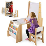 Costzon Kids Art Table and Chair Set, 4 in 1 Wooden Easel Activity Desk Set w/Whiteboard, Blackboard, Paper Roll, 2 Open Shelves & 2-Tier Bookshelf, Toddler Table and Chair for Drawing (Natural)