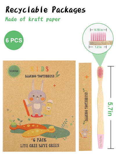 NUDUKO Kids Toothbrush Bamboo Toothbrushes 6 Pack - Organic Compostable Tooth Brush Wooden Baby Toddler Toothbrush, Eco-Friendly Natural Biodegradable Soft Bristle Toothbrush for Children