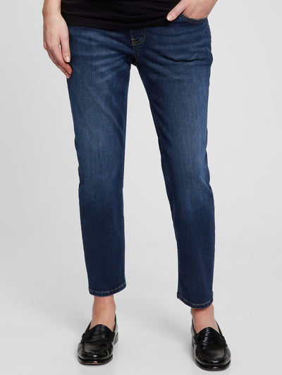 GAP Womens Maternity True Waistband Full Panel Cheeky Straight Jeans, Dark Wash, 33 US