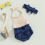 TheFound Toddler Baby Girl Summer Outfit Solid Color Tie-Up Halter Neck Knit Sweater Romper Denim Short Headband 3Pcs Clothes (Blue, 6-12 Months)