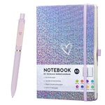 HJWKJUS Bling A5 Notebook with Pen, Lined Journal Notebook A5 Notepad for Girls Women,Cute Heart Pattern Design Glitter Laser Diary College Ruled Hardcover Notebook for Work, School, Note Taking, Business (Purple)