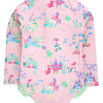 RuffleButts Girls UPF50+ Sun Protection Front Zipper Long Sleeve Rash Guard One Piece Swimsuit - Neon Pink Colorful Hearts, 2T