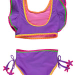 RuffleButts Girls UPF50+ Crochet Detail Butterfly Tankini 2-Piece Swimsuit - Neon Purple, 2T