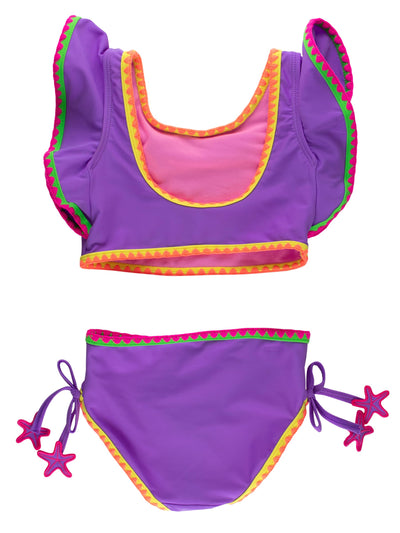 RuffleButts Girls UPF50+ Crochet Detail Butterfly Tankini 2-Piece Swimsuit - Neon Purple, 2T