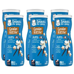 Multiple containers of Gerber Grain & Grow Puffs on a white background
