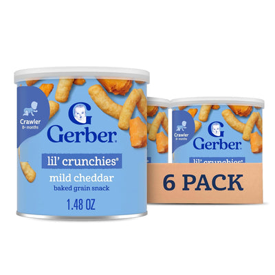 Two cans of Gerber lil' crunchies mild cheddar baked grain snack on a white background