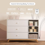 dadada Central Park 3-Drawer Dresser with Open Shelving - Modern Design, Baby-Safe Finish, Forged Steel Support, Sturdy Wood Legs, for Nursery, Kids or Teen Room, 47" Wide (White+Natural)