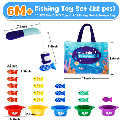 Montessori Cloth Fish Toys for Babies 6-12 Months, 22 pcs Fishing Game for Toddlers 1-3 with Stacking Cups, Learning Counting, Color Sorting, Sensory Educational Toy Gift for 1 2 Year Old Boys Girls