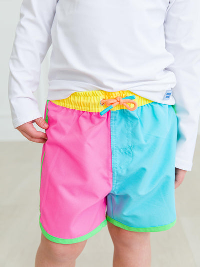 RUGGEDBUTTS Boys UPF50+ Sun Protection Dolphin Hem Swim Trunks - Neon Color Block, 3T