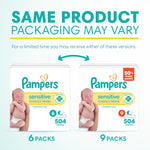Pampers Sensitive Baby Wipes, Clinically Proven, Fragrance Free, Unscented, Water Based, Hypoallergenic, Multi-Use, Hand Wipes 504 Wipes Total (6X Flip-Top Packs) [Packaging May Vary]