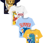 QWE Toddler Boys Short Sleeve Shirts 4-Pack Cotton Summer T-Shirts Cartoon Graphic Tops Tees 18 Months to 8Y