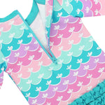 RuffleButts Baby Girls UPF 50+ Sun Protection Novelty Print Long Sleeve One Piece Rash Guard Swimsuit with Zipper - Mermaid/Aqua, 6-12m