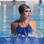 Swim Cap for Women Men - Large Silicone Swimming Cap for Long/Short Hair with 3D Ear Protection, Durable Non-Slip Waterproof Bath Swim Cap with Extra Room for Adults with Ear Plug and Nose Clip