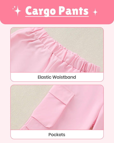 Kucnuzki Little Girls Clothes 6 7 Year Old Girl Clothes Long Sleeve T-Shirt Fall Tops New York T Shirt High Waist Long Pants Pink Cargo Pants Kids Clothing