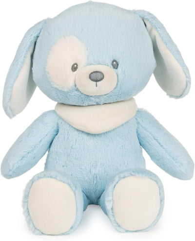 Blue plush toy with white accents on a white background