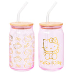 Silver Buffalo Sanrio Hello Kitty Gold 2 Pack Pink Glass Jar Tumbler with Bamboo Lid and Glass Straw, 16 Ounces