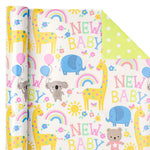 WRAPAHOLIC Reversible Baby Shower Wrapping Paper - Mini Roll - 17 Inch x 33 Feet - Animals & New Baby Design for Neutral Baby Shower, Boys Girls Kids Birthday