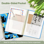 Stanoha Cute Spiral Notebook A5 Journal for Women Girls Kawaii Aesthetic Pretty Floral Design with Pocket, 8.5 x 5.7 inch, Line, Blue Black Cat