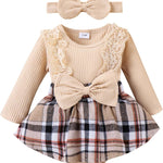 Baby Girl Clothes Fall Winter Outfit Plaid Romper Long Sleeve Dress Lace Ruffles Bodysuit with Bow Headband