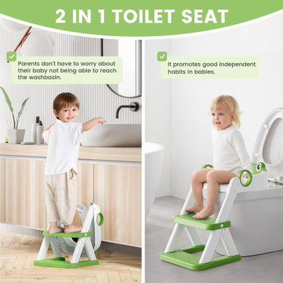 COOSEYA Frog Toilet Seat, Potty Training Seat for Toddler, Upgrade Potty Training 2 in 1 Toddler Toilet Seat for Boys Girls,Waterproof Soft Mat Non-Slip Step Stool