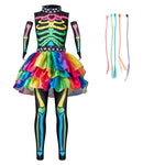 Spooktacular Creations Halloween Kids Skeleton Costume, Funky Punky Bone Colorful Skeleton Deluxe Costume, Halloween Girls Outfit Set with Hair Extensions