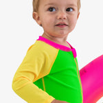 RUGGEDBUTTS Baby Boys UPF50+ Sun Protected Full Length Long Sleeve Rash Guard One Piece Swimsuit - Neon Color Block, 3-6m