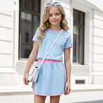 PATPAT Girls 2 Piece Outfits Size 7-8 Years, Blue Pink Color Block Tshirts and Skorts Clothing Sets, Girls Summer Outfits, Trendy Clothes Skirt Sets Summer Clothes Lounge Sets