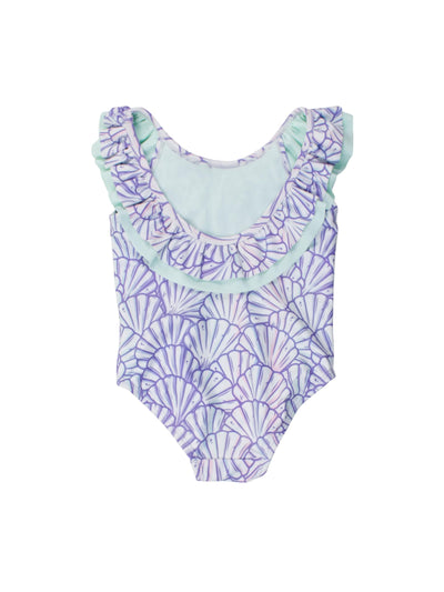 RuffleButts Girls UPF50+ Sun Protection Ruffle V-Back One Piece Swimsuit - Magical Mermaid, 3T