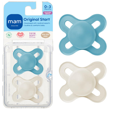 Mam baby pacifiers in blue and white with packaging on a white background