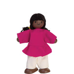 PlanToys® Wooden Girl Dollhouse Figure – Dark Skin Tone | Poseable 1:12 Scale Dollhouse People | Montessori Pretend Play Doll with Bendable Arms & Legs | Eco-Friendly Wooden Figurine for Kids