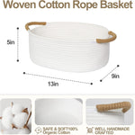 Baskets for Gifts Empty, Small Woven Cotton Rope Gift Basket for Organizing, Cute Cat Dog Toy Bin Box, Baby Nursery Storage Organizer, White Storage Bin with Brown Handles, 13" x 9" x 5"