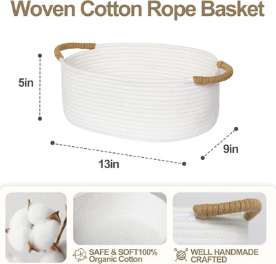 Baskets for Gifts Empty, Small Woven Cotton Rope Gift Basket for Organizing, Cute Cat Dog Toy Bin Box, Baby Nursery Storage Organizer, White Storage Bin with Brown Handles, 13" x 9" x 5"