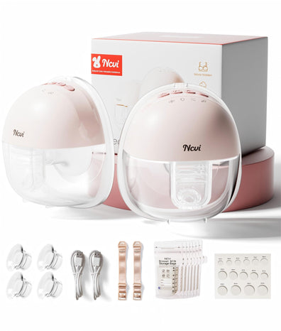 Pink baby bottle feeding set with accessories on a white background
