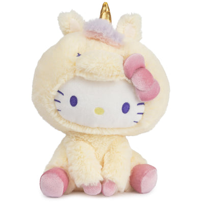 Plush toy resembling a unicorn with a Hello Kitty design on a white background