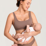 MOMANDA Hands Free Pumping Bra for Breastfeeding Wireless Sports Pumping and Nursing Bra in One with Wide Velcro Straps Brown Purple Medium