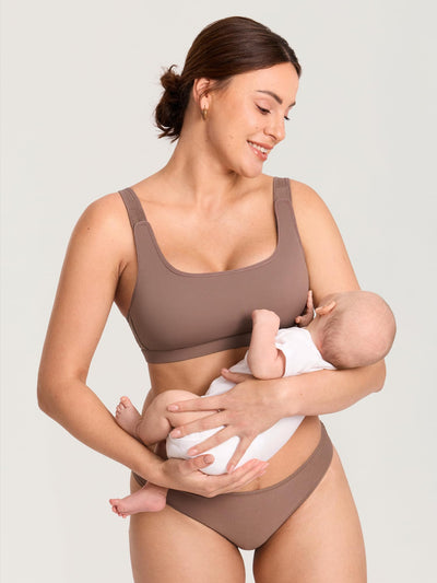 MOMANDA Hands Free Pumping Bra for Breastfeeding Wireless Sports Pumping and Nursing Bra in One with Wide Velcro Straps Brown Purple Medium
