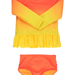 RuffleButts Baby/Toddler Girls Scalloped Long Sleeve Rash Guard 2-Piece UPF50+ Sun Protected Swimsuit - Neon Citrus Sunrise, 2T