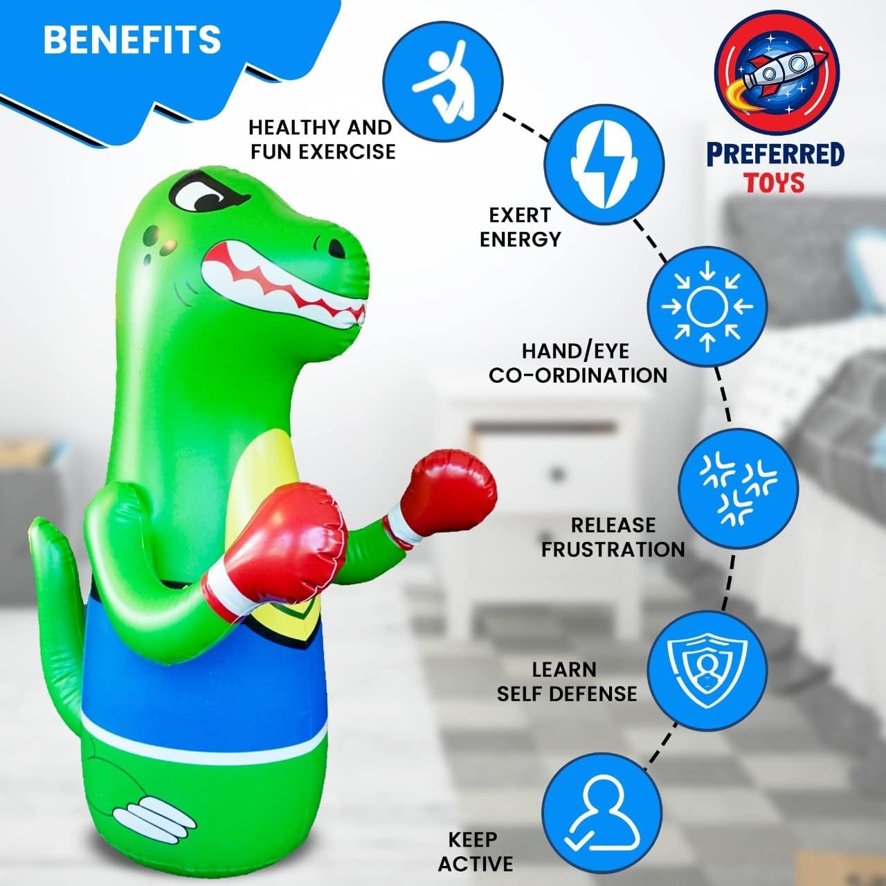 Inflatable Dinosaur Punching Bag for Kids – Bop Bag for Toddlers and Children Ages 3-14 – 47" Blow Up Toy with Bounce-Back Action – Fill Base with Sand or Water