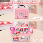 deAO Kids Dollhouse Playset Portable Dollhouse Toy Girls Pretend Playhouse with Furniture & Figures 2 in 1 Playhouse Set Birthday Toys for Age 3-6 Year Old Kindergarten Toddlers Preschoolers