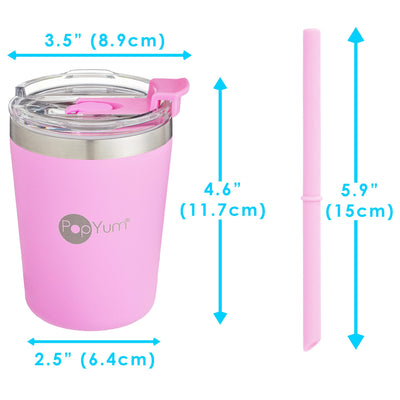 PopYum 9oz Insulated Stainless Steel Kids’ Cups with Lid and Straw, 2-Pack, Green, Pink, stackable, sippy, baby, child, toddler, tumbler, double wall, vacuum, leak proof