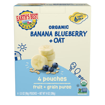 Box of Earth's Best Organic Banana Blueberry + Oat baby food pouches on a white background