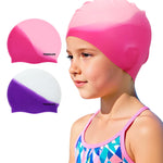 Vorshape Swim Cap Kids (2 Pack), Durable Waterproof Swimming Cap for Girls Boys Teens Toddler Aged 3-8, Comfortable Fit Kids Swim Cap for Long Hair, Silicone Swim Caps for Kids, Bright Purple & Pink