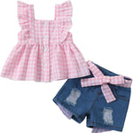 Kucnuzki Baby Girl Clothes Toddler Girl Summer Two Piece Outfit Kids Ruffle Sleeveless Plaid Tops Denim Jeans Shorts Set