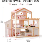 ROBUD Doll House, Wooden Dollhouse with 6 Rooms, 29-pcs Furniture Set, Working Elevator, Garage, Swimming Pool, Ideal Gift for Kids Ages 3+ (Pink)