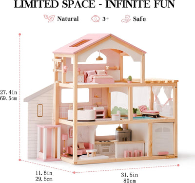 ROBUD Doll House, Wooden Dollhouse with 6 Rooms, 29-pcs Furniture Set, Working Elevator, Garage, Swimming Pool, Ideal Gift for Kids Ages 3+ (Pink)